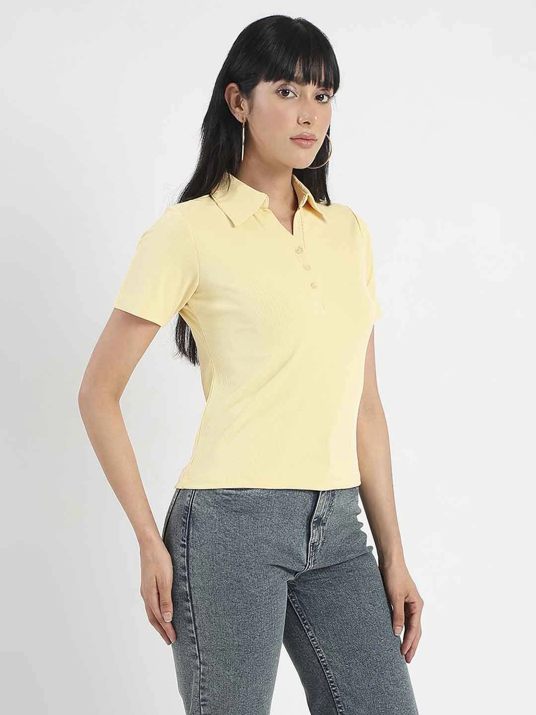 Multi Panel Design Non Fading Material Madame Solid Yellow Polo Pique T-Shirt