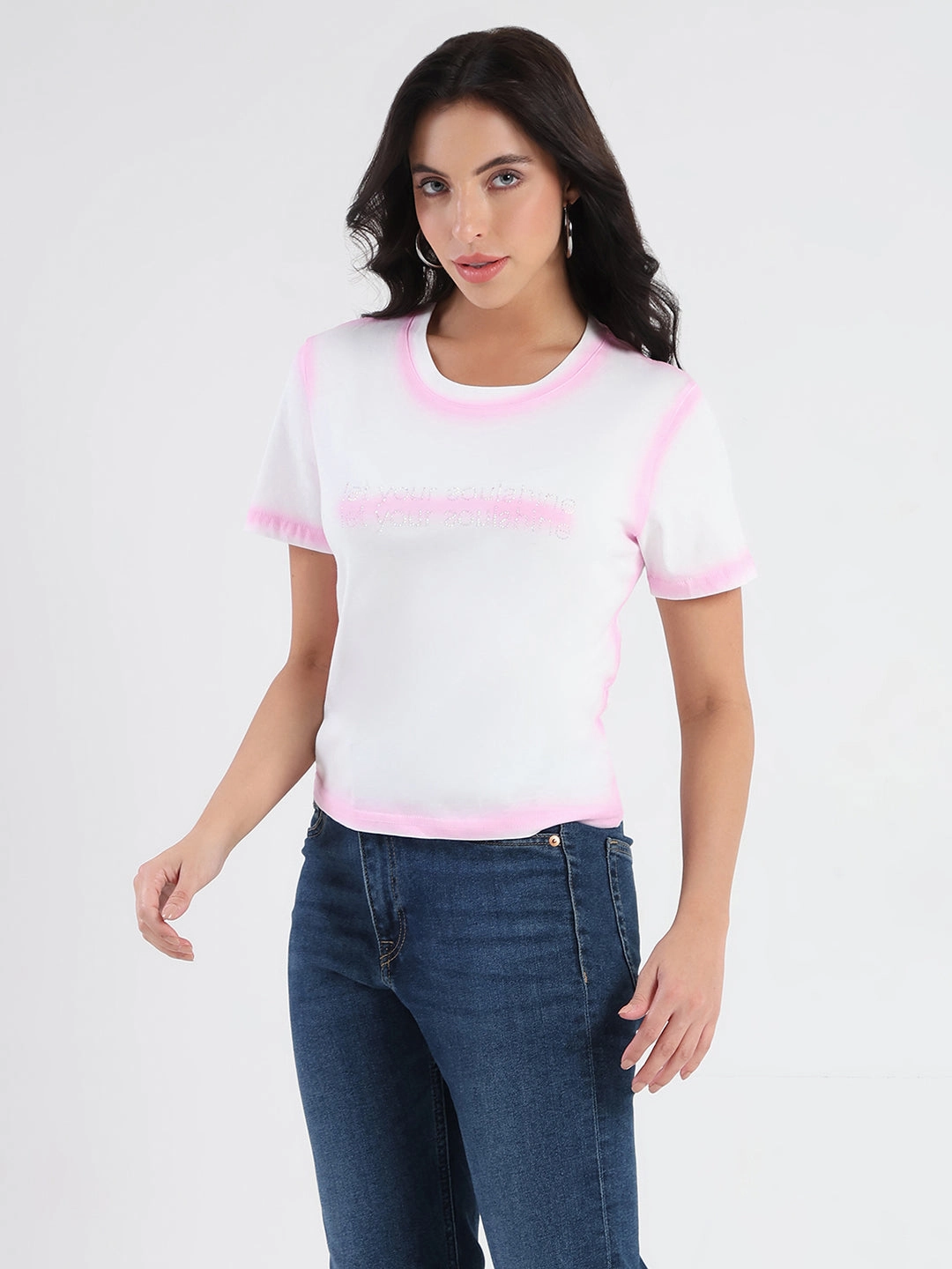Madame Spray Painted Embellished Pink Cotton Crop T-shirt Anti Odor Treatment Edgy