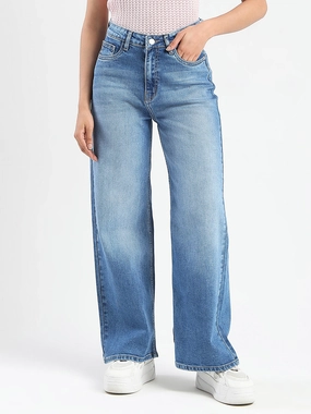 Tailored Silhouette Family Style Luxury Madame Stone Wash Wide Leg Light Blue Cotton Blend Jeans