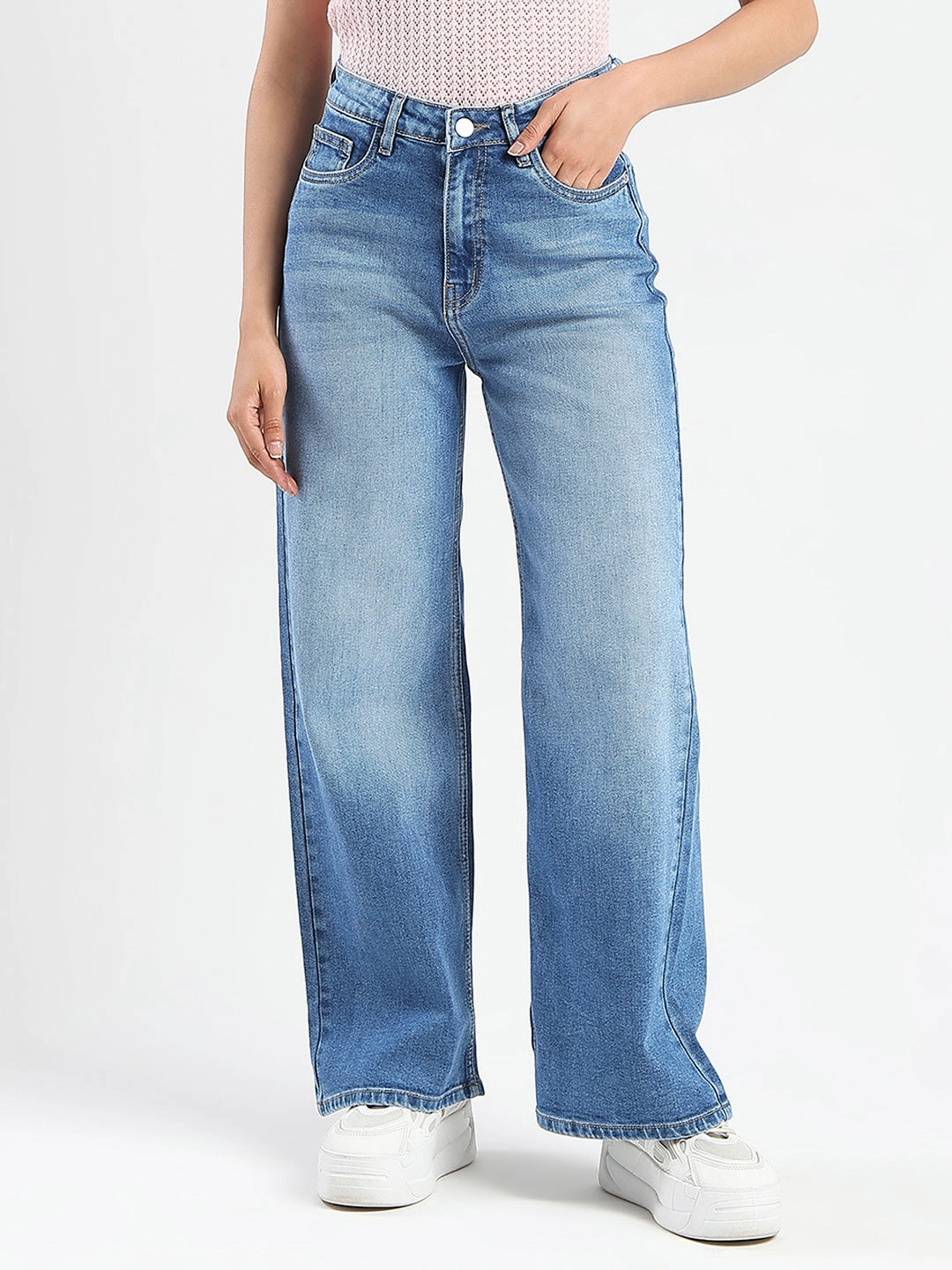 Tailored Silhouette Family Style Luxury Madame Stone Wash Wide Leg Light Blue Cotton Blend Jeans