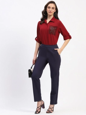 Madame Straight Fit Navy Trousers Slim Stretch Fit