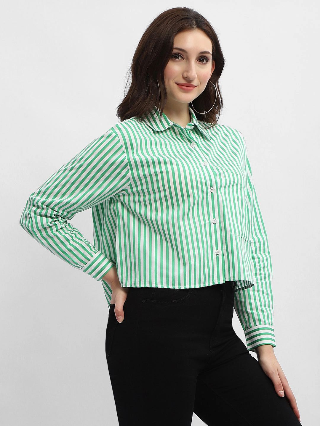 Monochrome Palette Madame Striped Green Regular Shirt