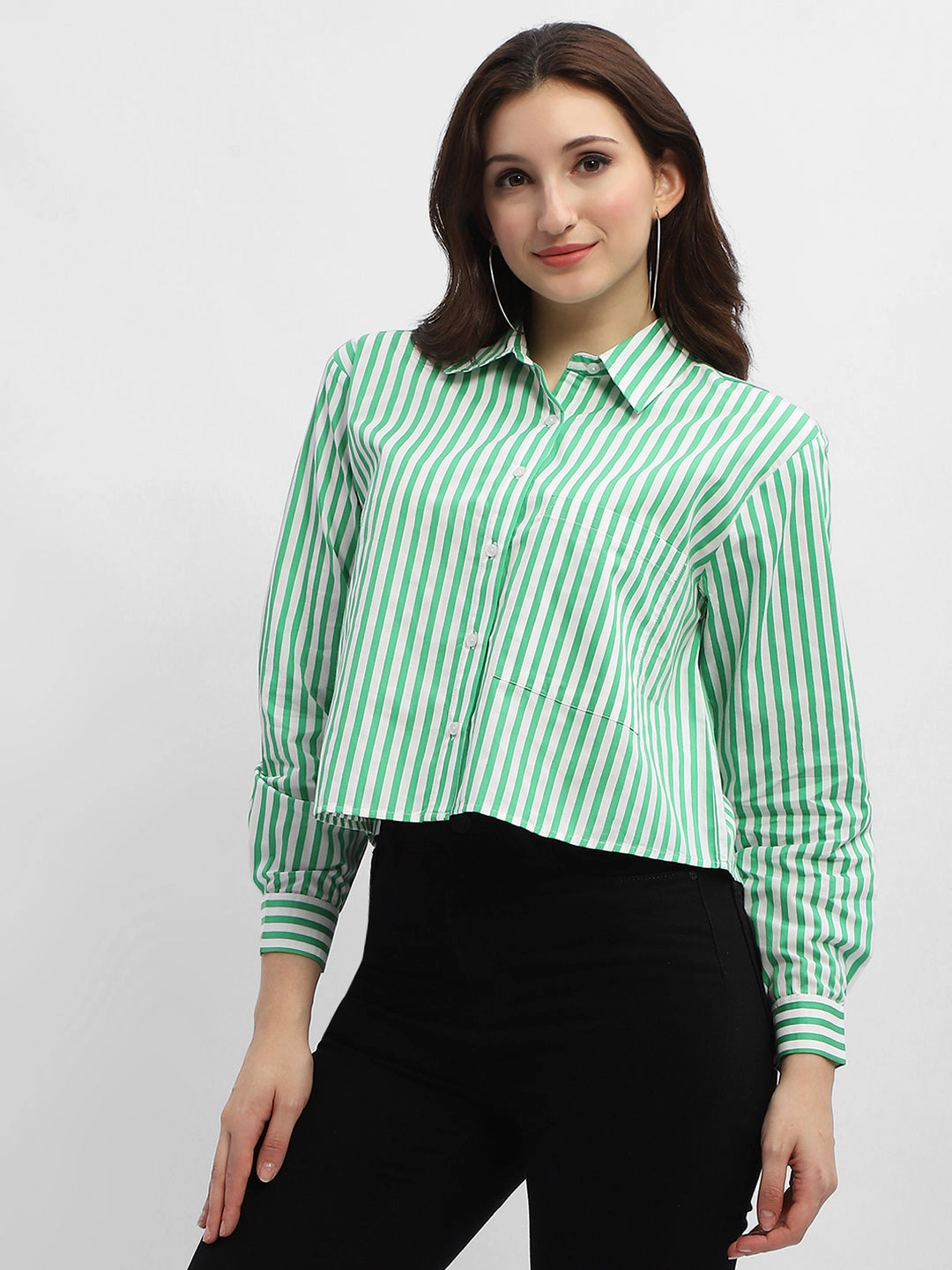 Madame Striped Green Regular Shirt Split hem