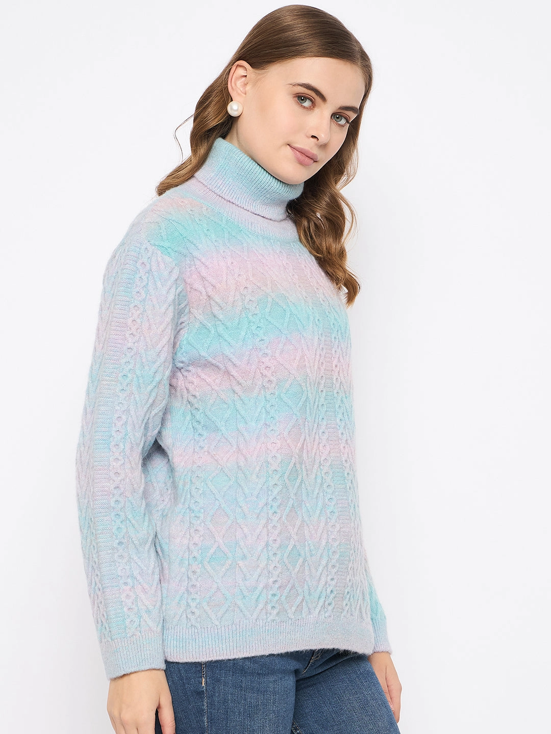 Basic Must-Have Knitted Layering Madame Striped Multicolor Turtleneck Sweater