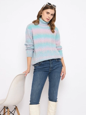 Comfy Look Soft Fabric Look Madame Striped Multicolor Turtleneck Sweater