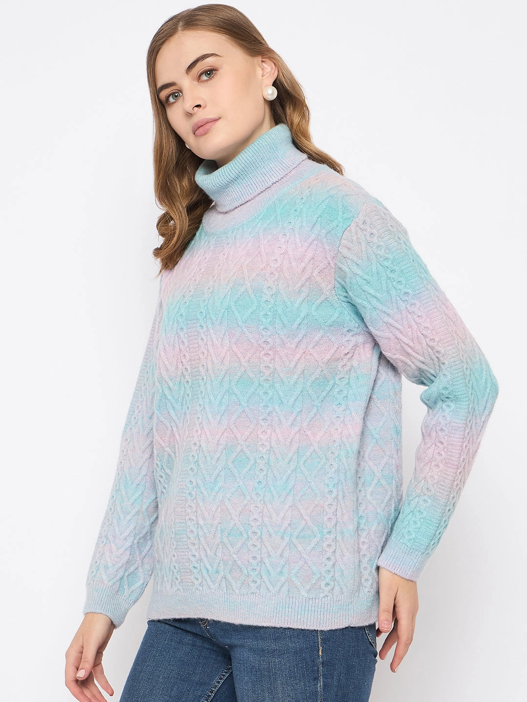Madame Striped Multicolor Turtleneck Sweater Trendy Look Chic and Warm