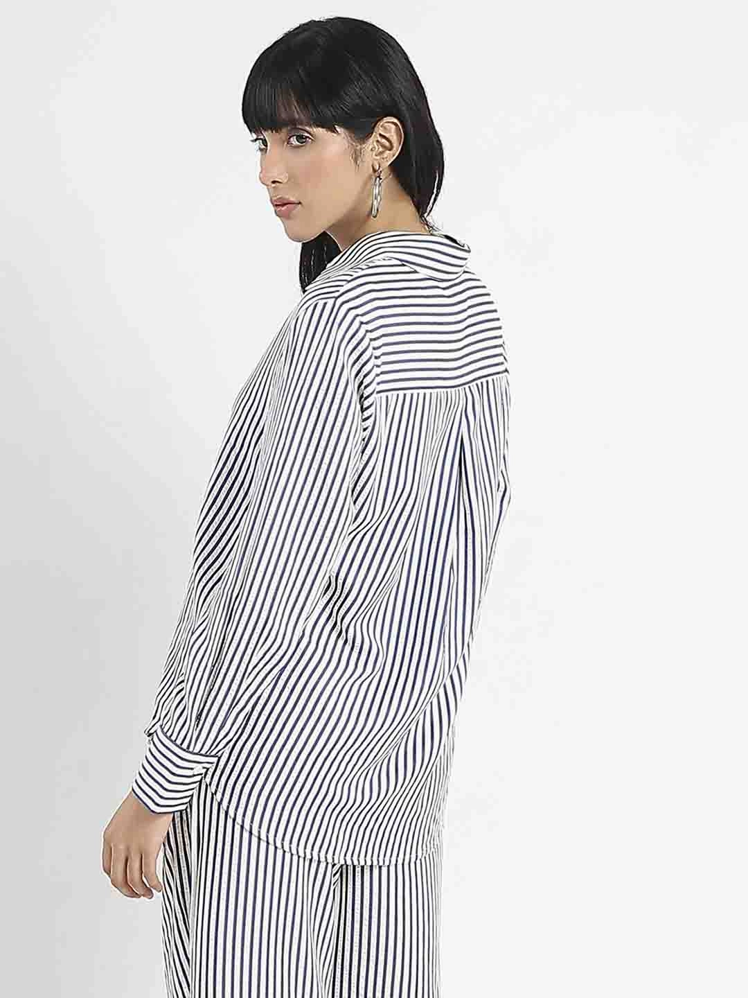 Madame Striped Navy Blue Cotton Blend Shirt Pure Cotton Gym Companion