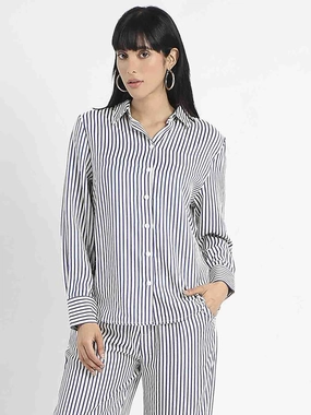 Madame Striped Navy Blue Cotton Blend Shirt Timeless elegance