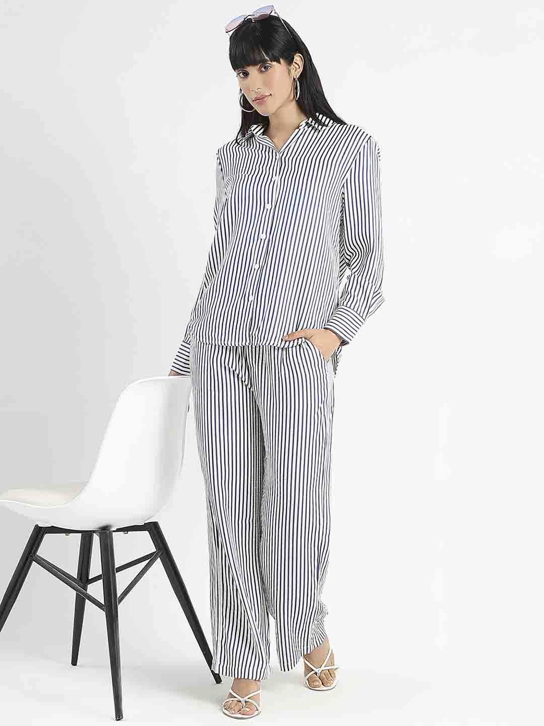 Versatile Wear Madame Striped Navy Blue Cotton Blend Shirt