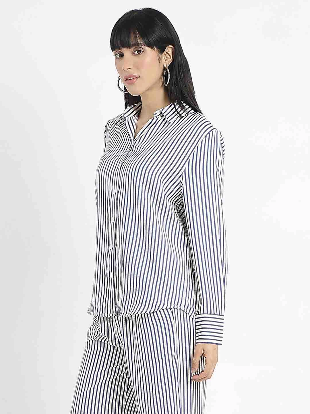 Long Sleeve Chic Ensemble Madame Striped Navy Blue Cotton Blend Shirt