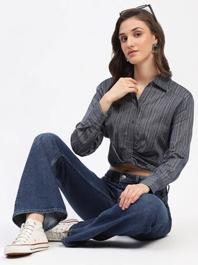 Anniversary Celebration Corporate Event Madame Striped Overlap Detailing Collared Mauve Shirt