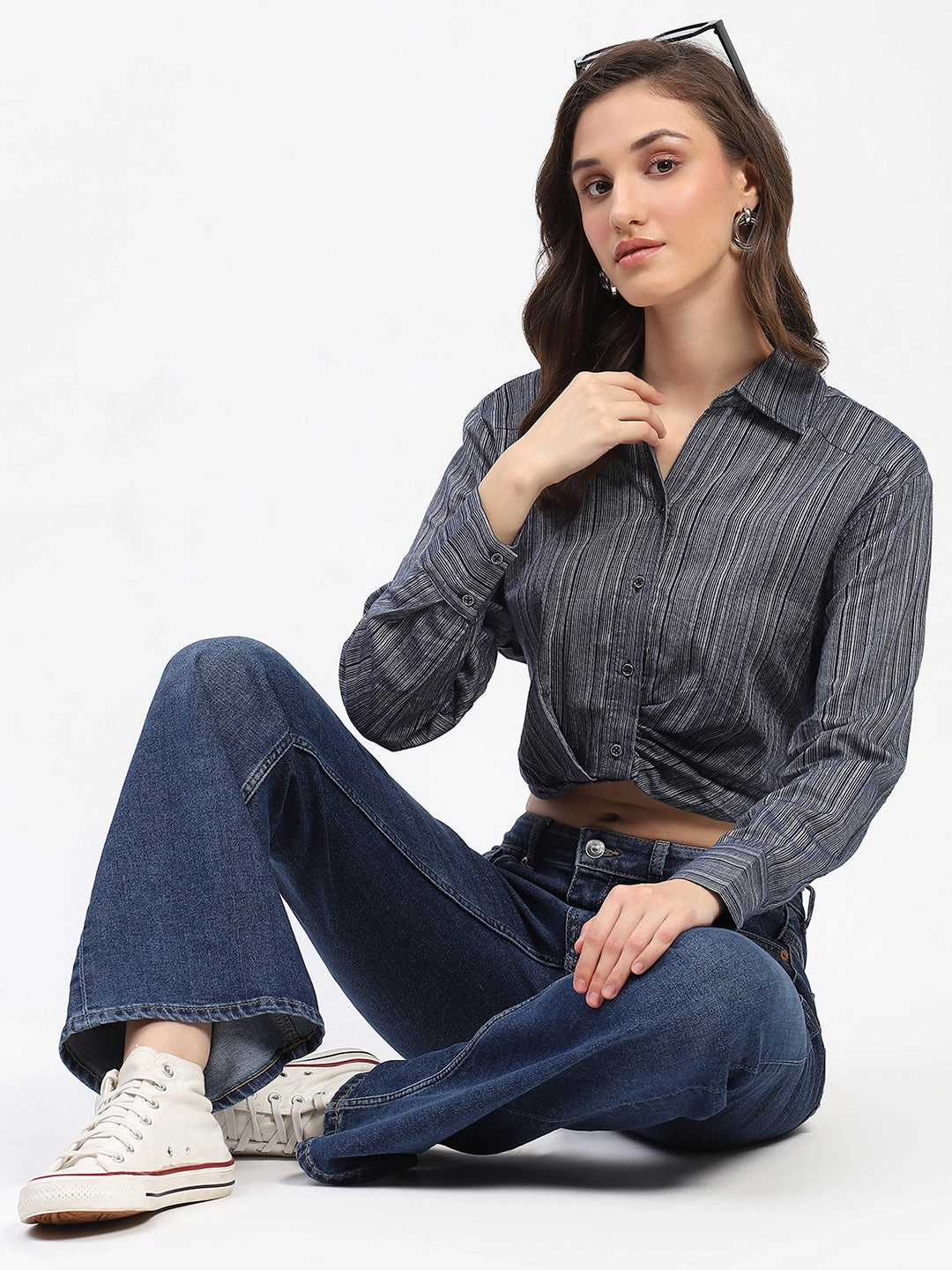 Anniversary Celebration Corporate Event Madame Striped Overlap Detailing Collared Mauve Shirt
