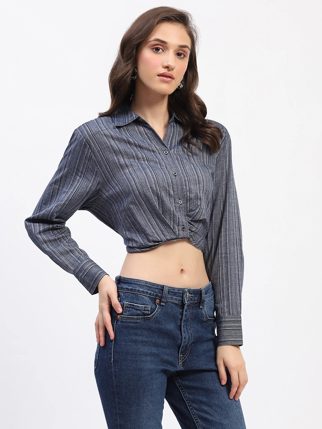 Pre Shrunk Cotton Blend Madame Striped Overlap Detailing Collared Mauve Shirt