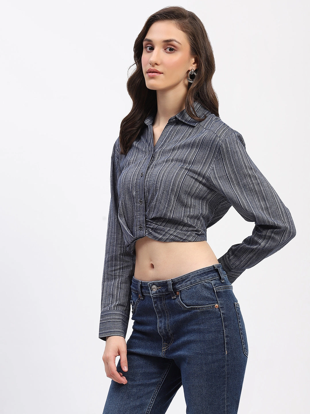 Performance Fabric Eco Dye Technique Madame Striped Overlap Detailing Collared Mauve Shirt