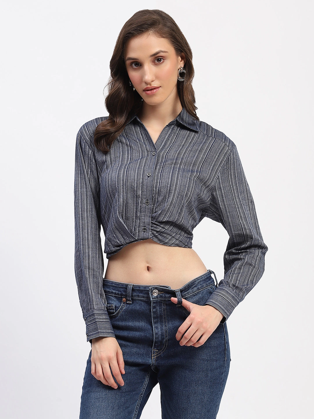 High Neck Madame Striped Overlap Detailing Collared Mauve Shirt
