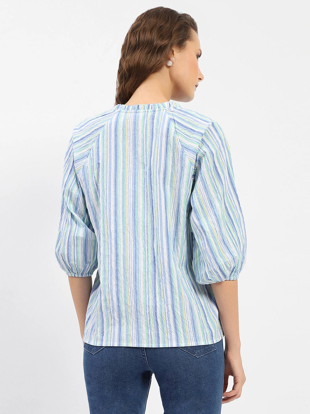 Madame Striped Sky Blue Raglan Sleeve Shirt Workwear Style Simple Layer
