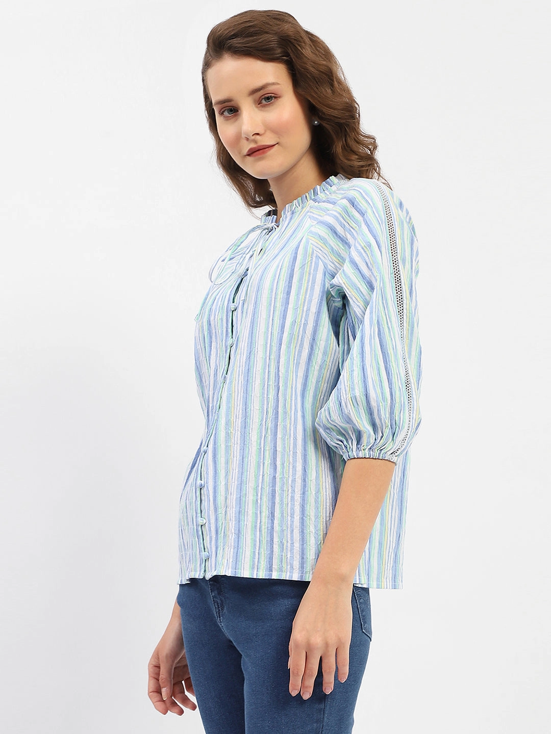 Multi Layer Stitching Regular Fit Madame Striped Sky Blue Raglan Sleeve Shirt