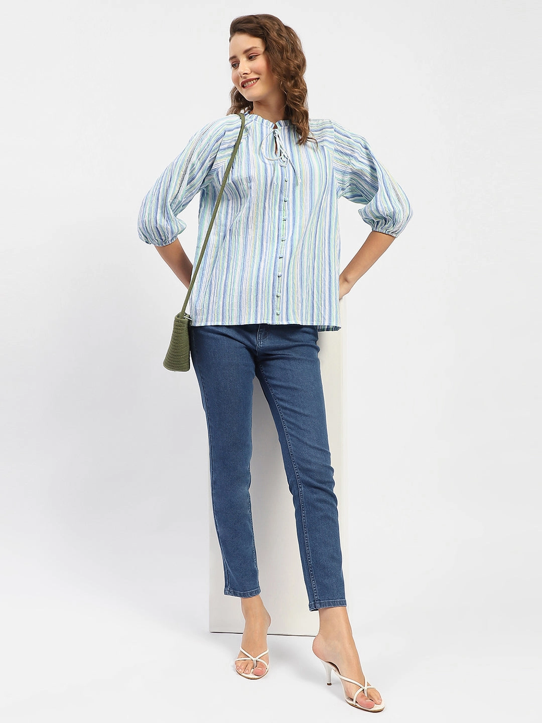 Madame Striped Sky Blue Raglan Sleeve Shirt Soft Wear