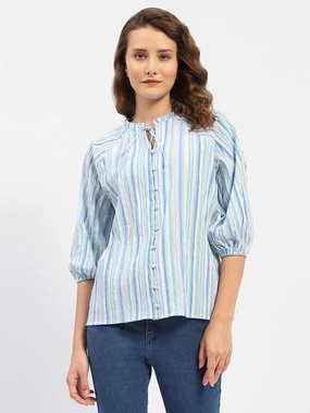 Casual Vibe Rugged Style Madame Striped Sky Blue Raglan Sleeve Shirt