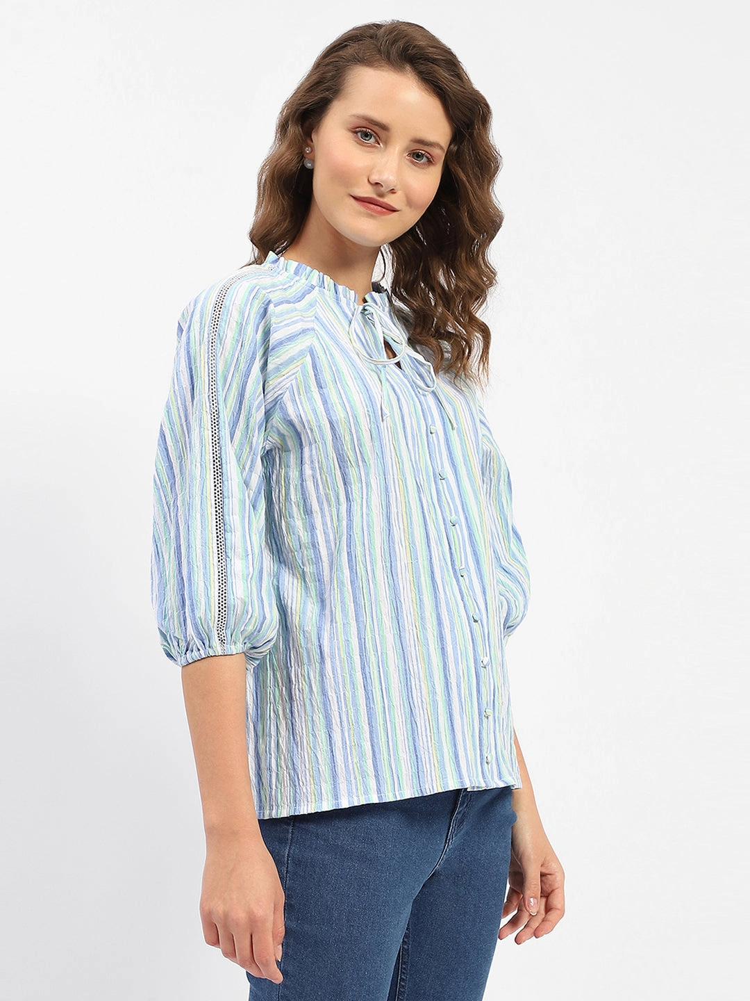Madame Striped Sky Blue Raglan Sleeve Shirt Holiday Style