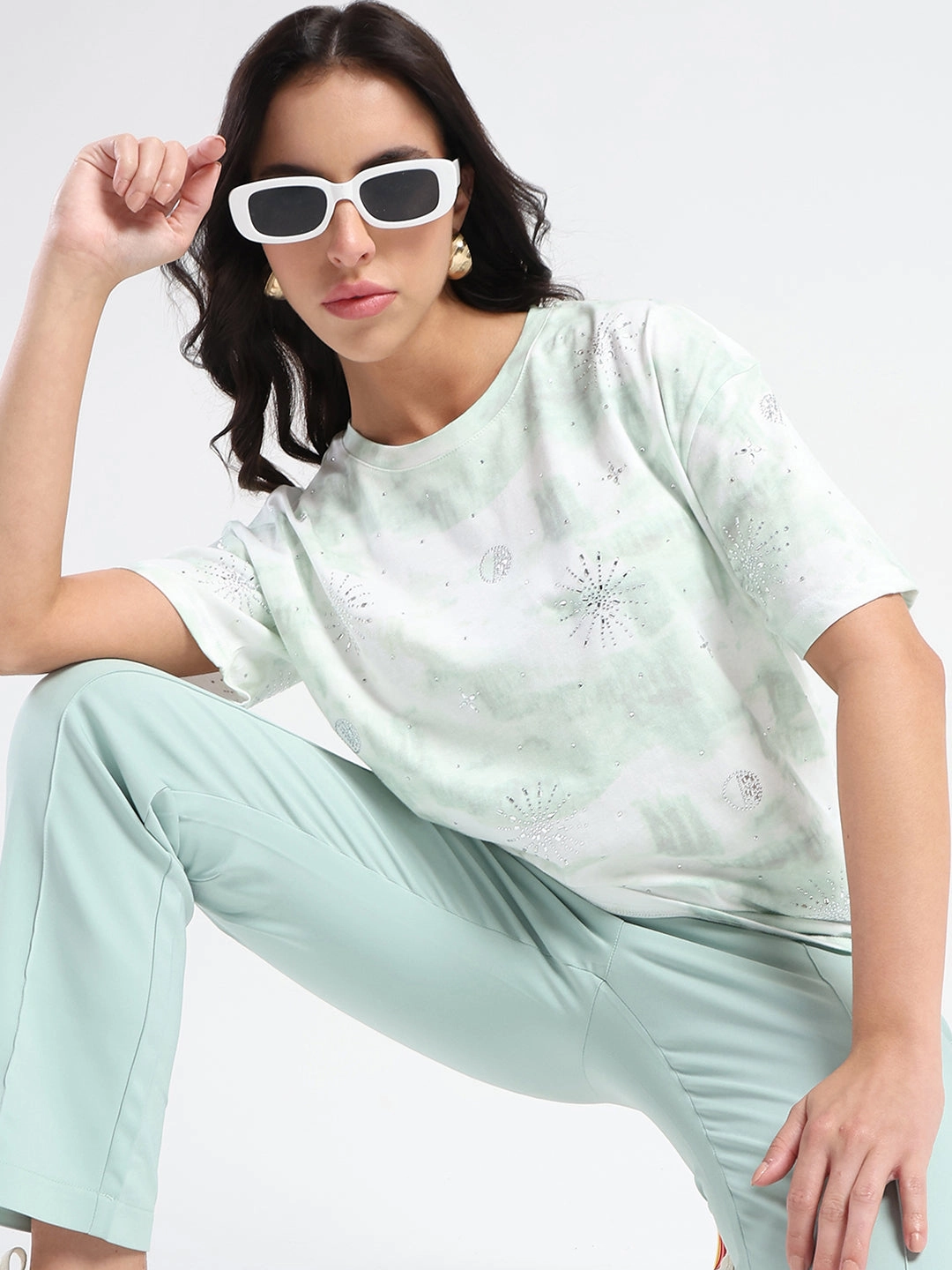 Madame Swarovksi Detailed Tie and Dye Sea Green T-shirt Relaxed Movement