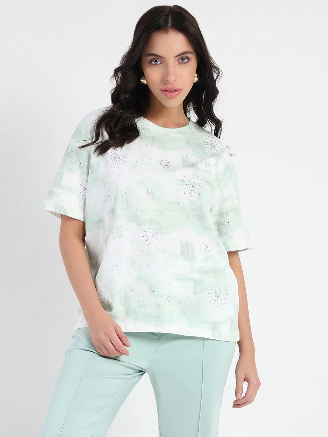 Madame Swarovksi Detailed Tie and Dye Sea Green T-shirt Comfy Casual fade resistant color