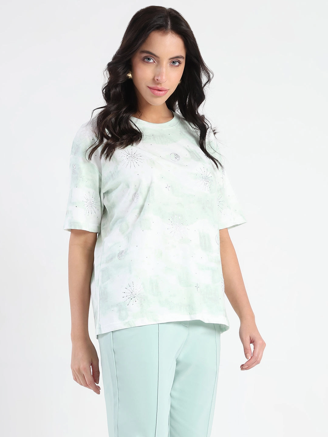 Madame Swarovksi Detailed Tie and Dye Sea Green T-shirt Stretchy Fit