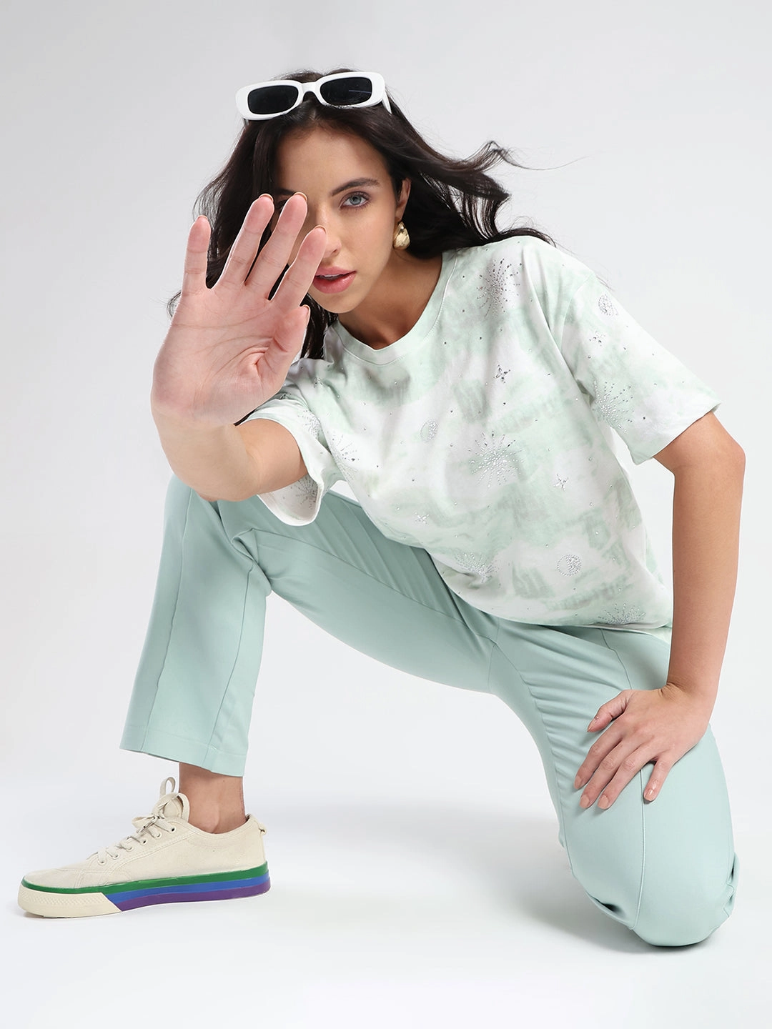 Madame Swarovksi Detailed Tie and Dye Sea Green T-shirt Casual Chic Wear All-Purpose Wear