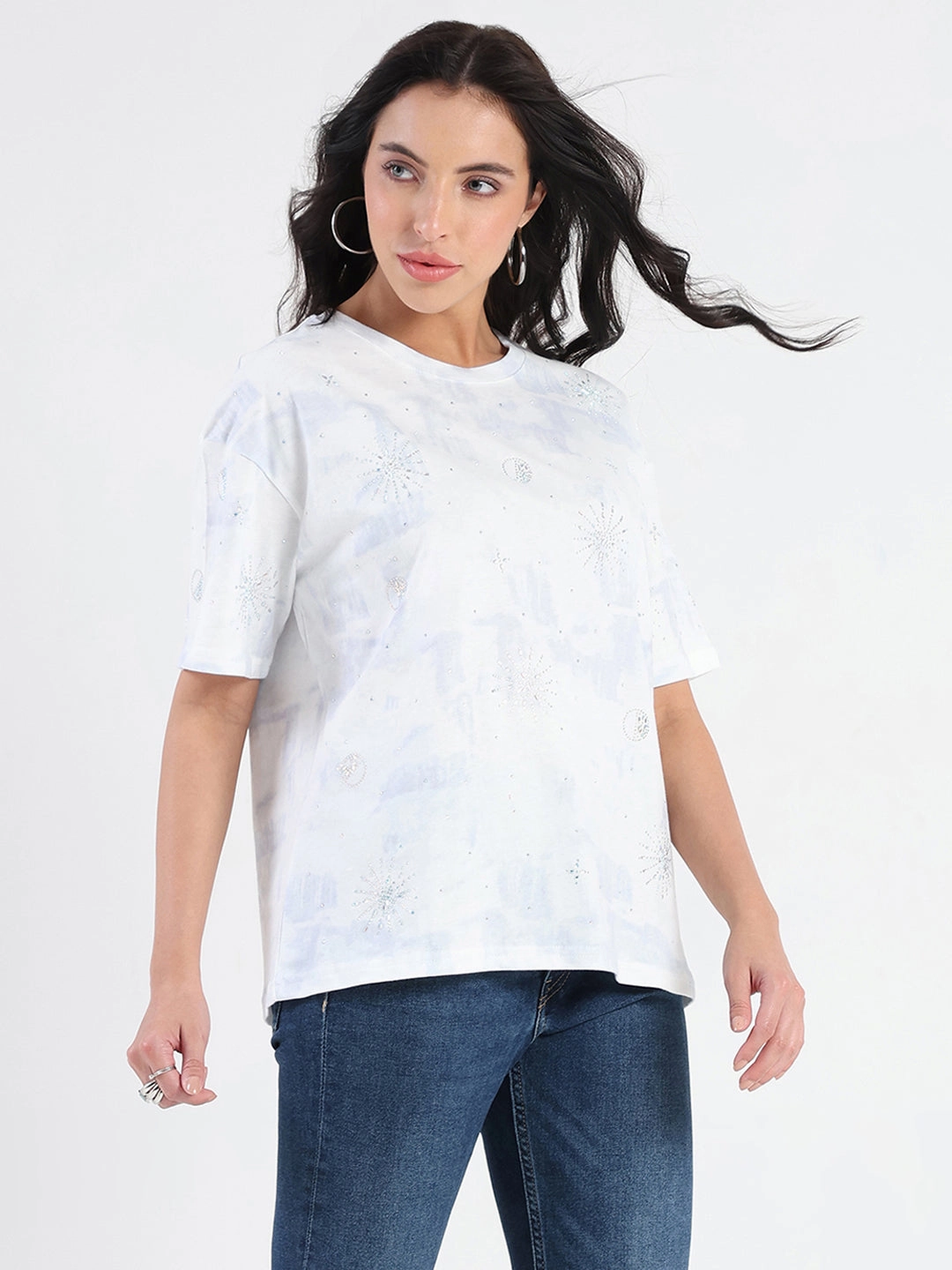Madame Swarovksi Detailed Tie and Dye Sky Blue T-shirt Raw Hem Finish