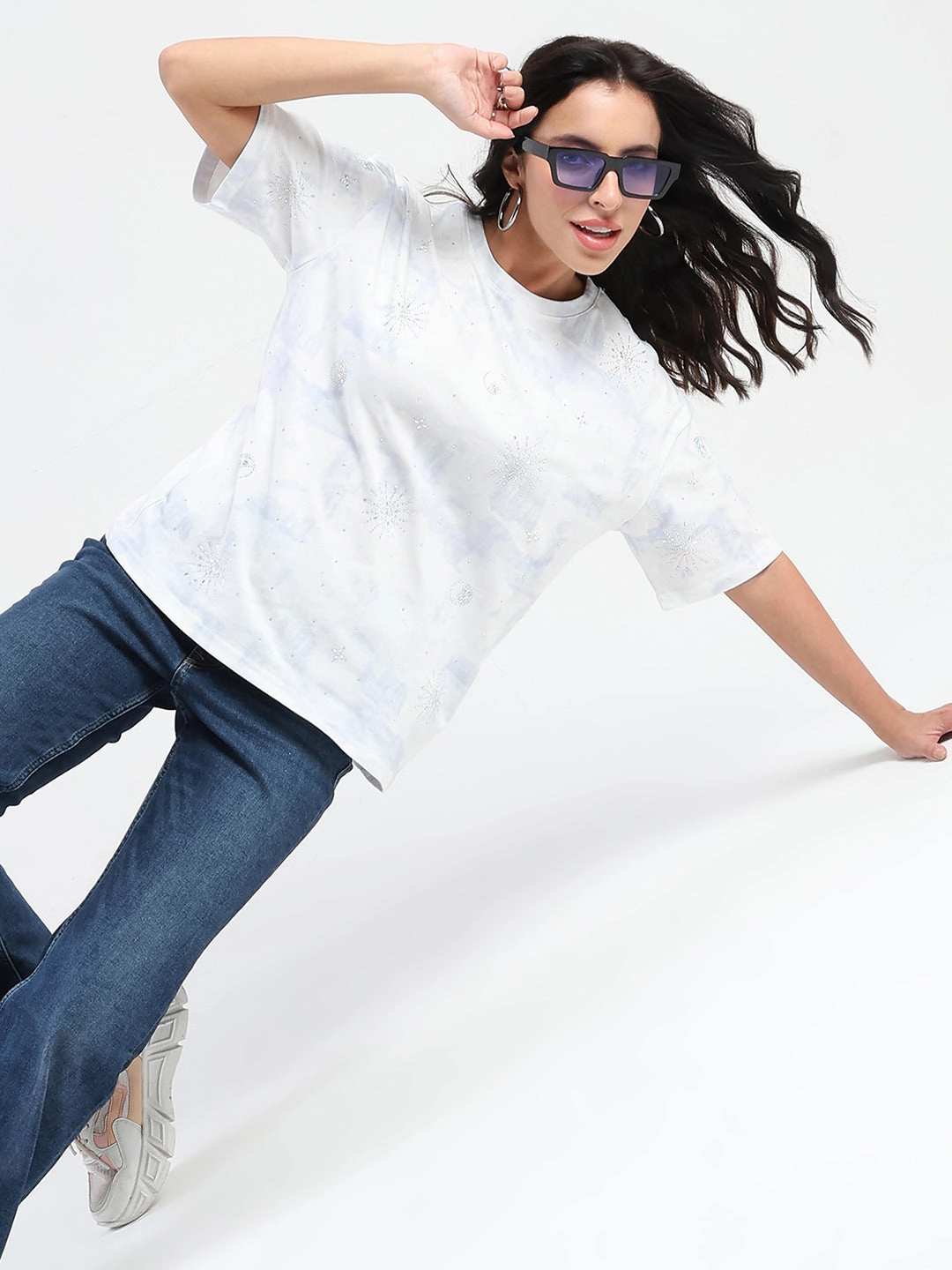Cold Wash Optimized Madame Swarovksi Detailed Tie and Dye Sky Blue T-shirt