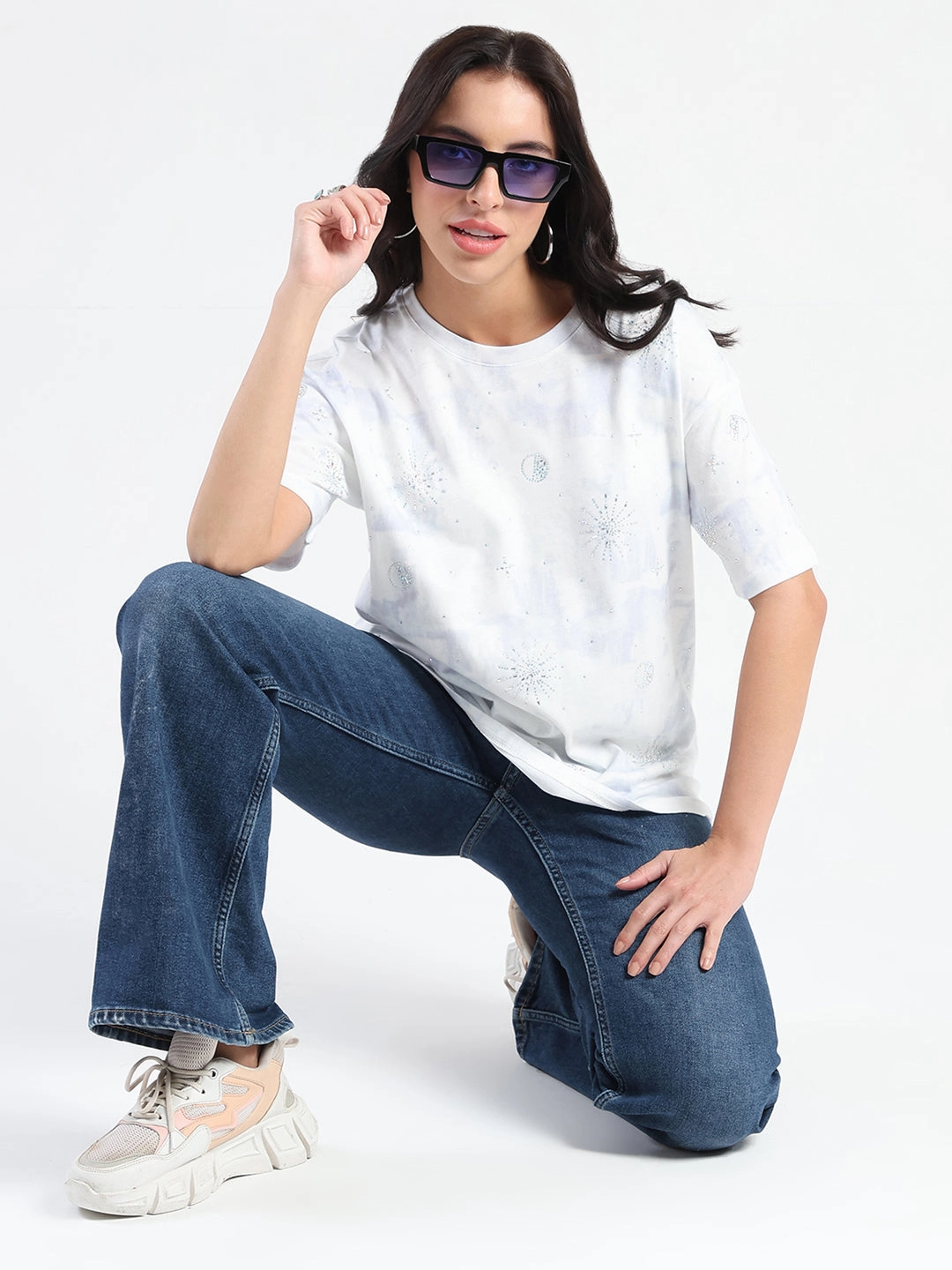 BiodegradableMaterial Holiday Style Madame Swarovksi Detailed Tie and Dye Sky Blue T-shirt
