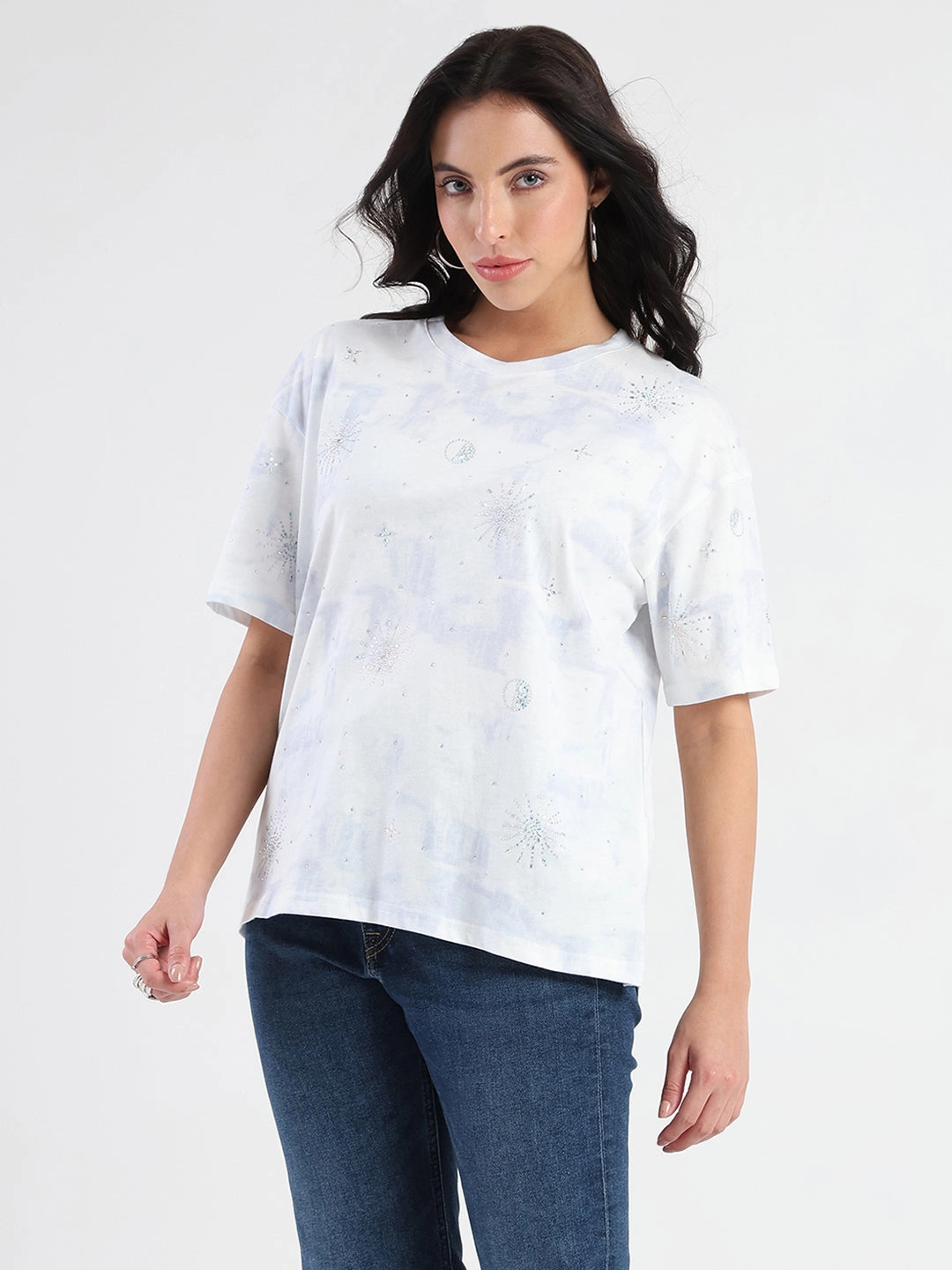 Beachwear Madame Swarovksi Detailed Tie and Dye Sky Blue T-shirt