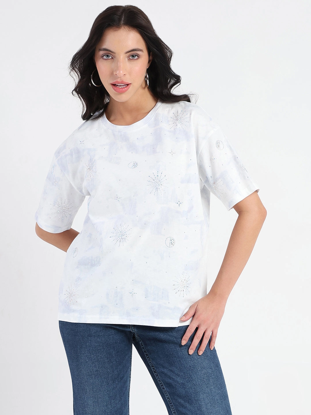 Slim Fit Comfort Trendy Casual Wear Madame Swarovksi Detailed Tie and Dye Sky Blue T-shirt