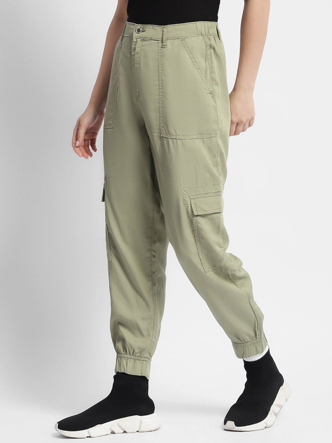 clean design Madame Tapered Fit Olive Green Mid Rise Cargo Joggers