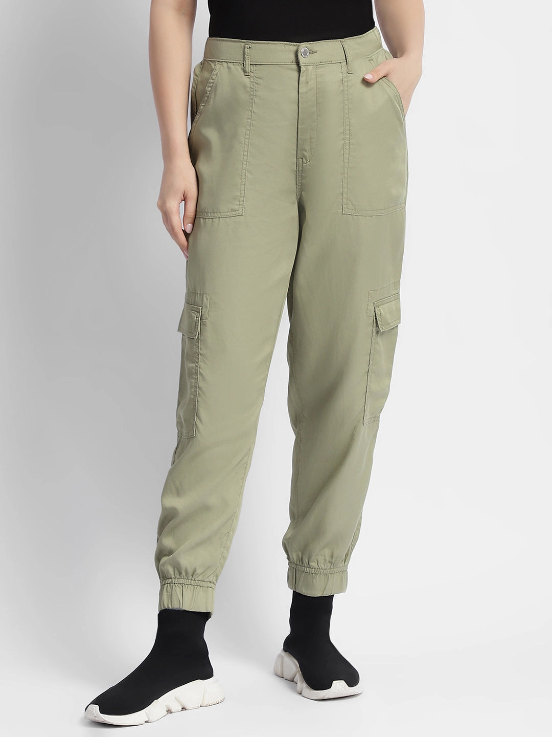 AntiPillingFabric Madame Tapered Fit Olive Green Mid Rise Cargo Joggers