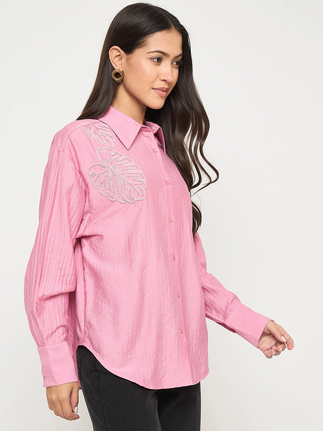 Low Maintenance Madame Textured Botanical Embellishment Dusty Pink Shirt
