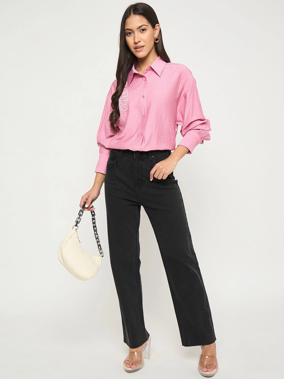 Spring Break V-neck style Madame Textured Botanical Embellishment Dusty Pink Shirt