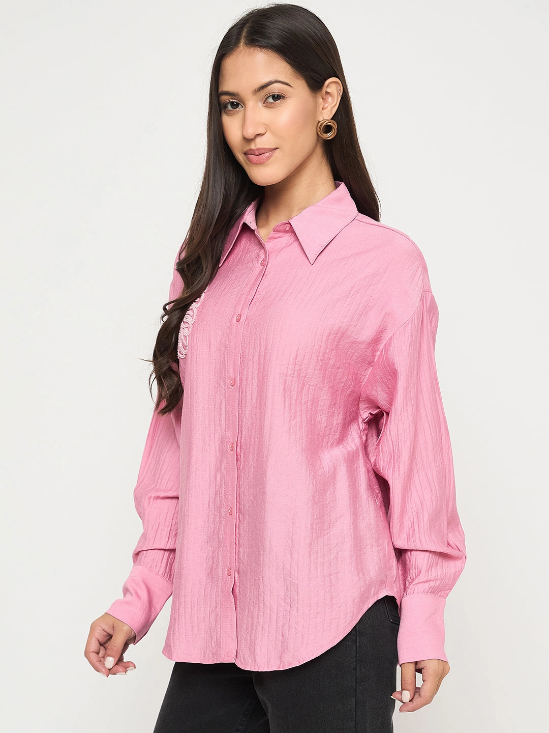 Madame Textured Botanical Embellishment Dusty Pink Shirt Lounge Wear Soft Stretch Collar