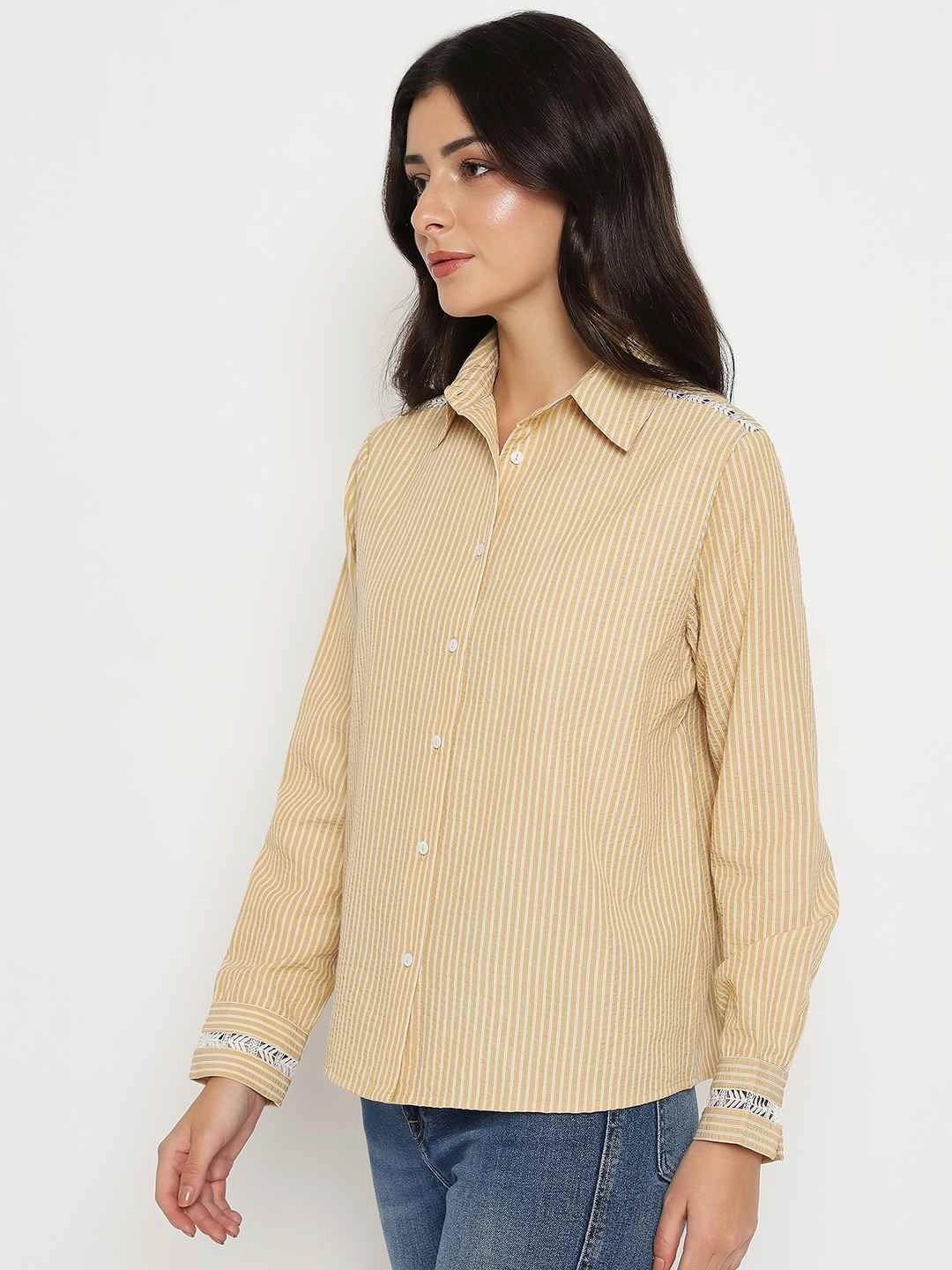Madame Textured Embroidered Accents Beige Shirt Workwear Casual