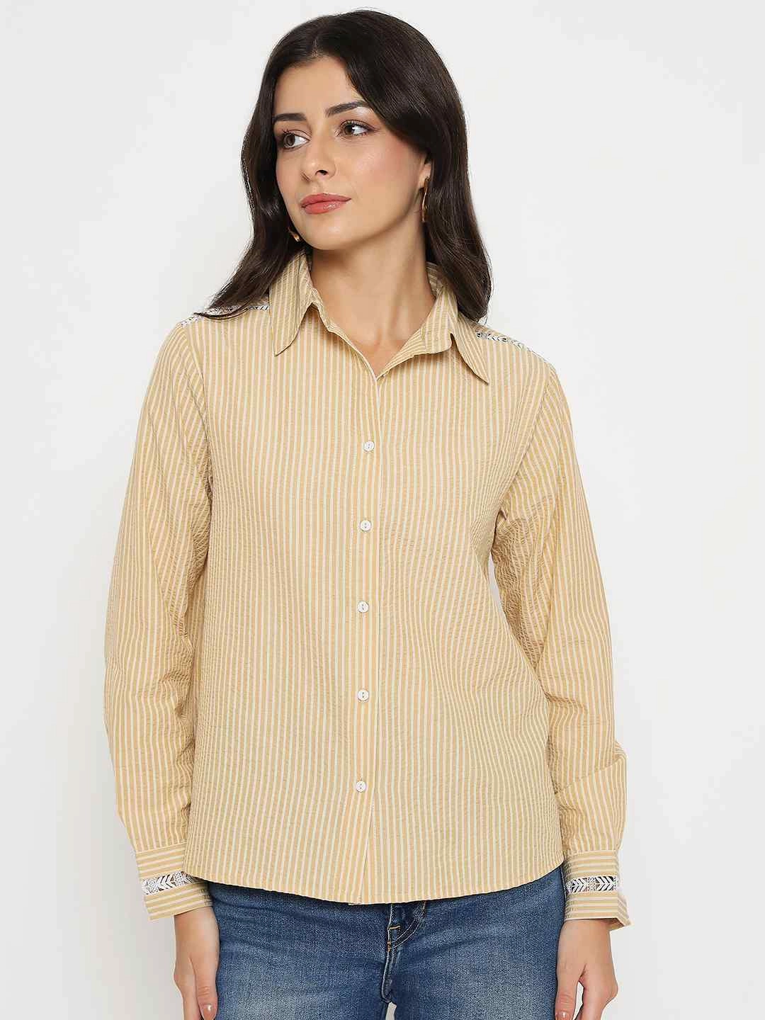 Roomy Cut Street Comfort Madame Textured Embroidered Accents Beige Shirt