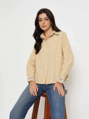 Madame Textured Embroidered Accents Beige Shirt Polka Dot Special Occasion
