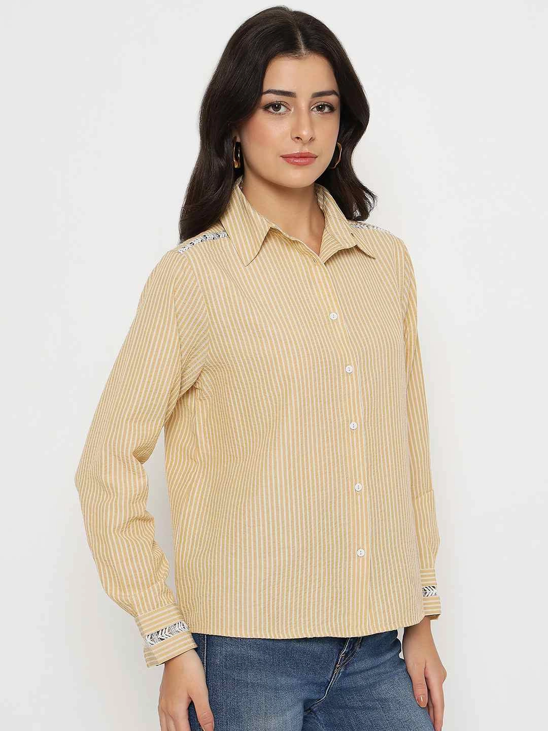 Layering Piece Madame Textured Embroidered Accents Beige Shirt