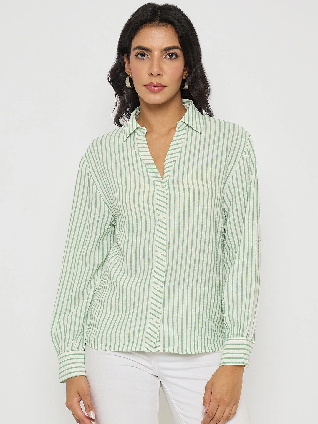 Hidden Placket Chic Look Madame Textured Green Striped Shirt