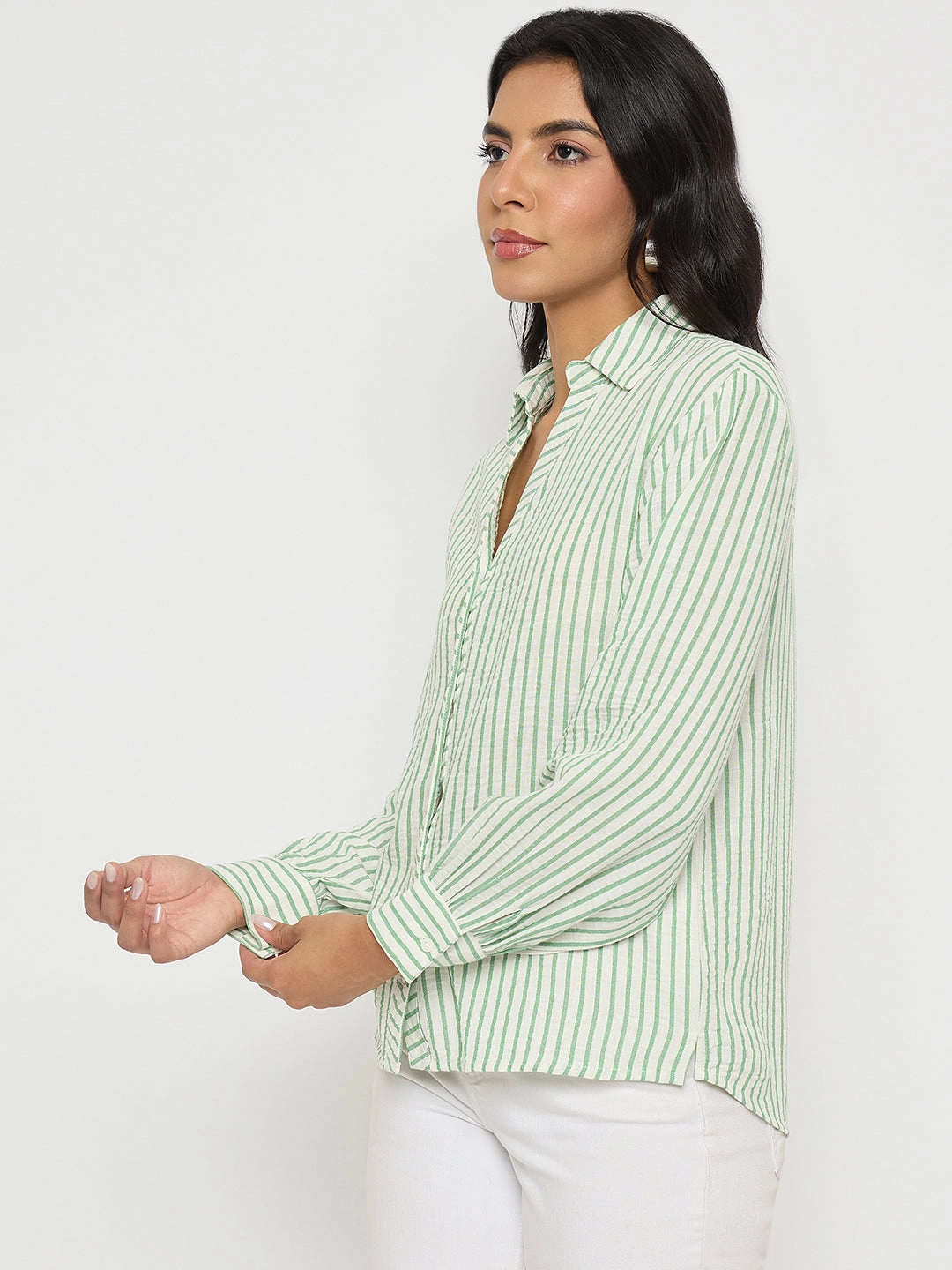 Casual Friday Madame Textured Green Striped Shirt