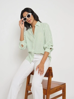Madame Textured Green Striped Shirt Premium Comfort Hidden Placket