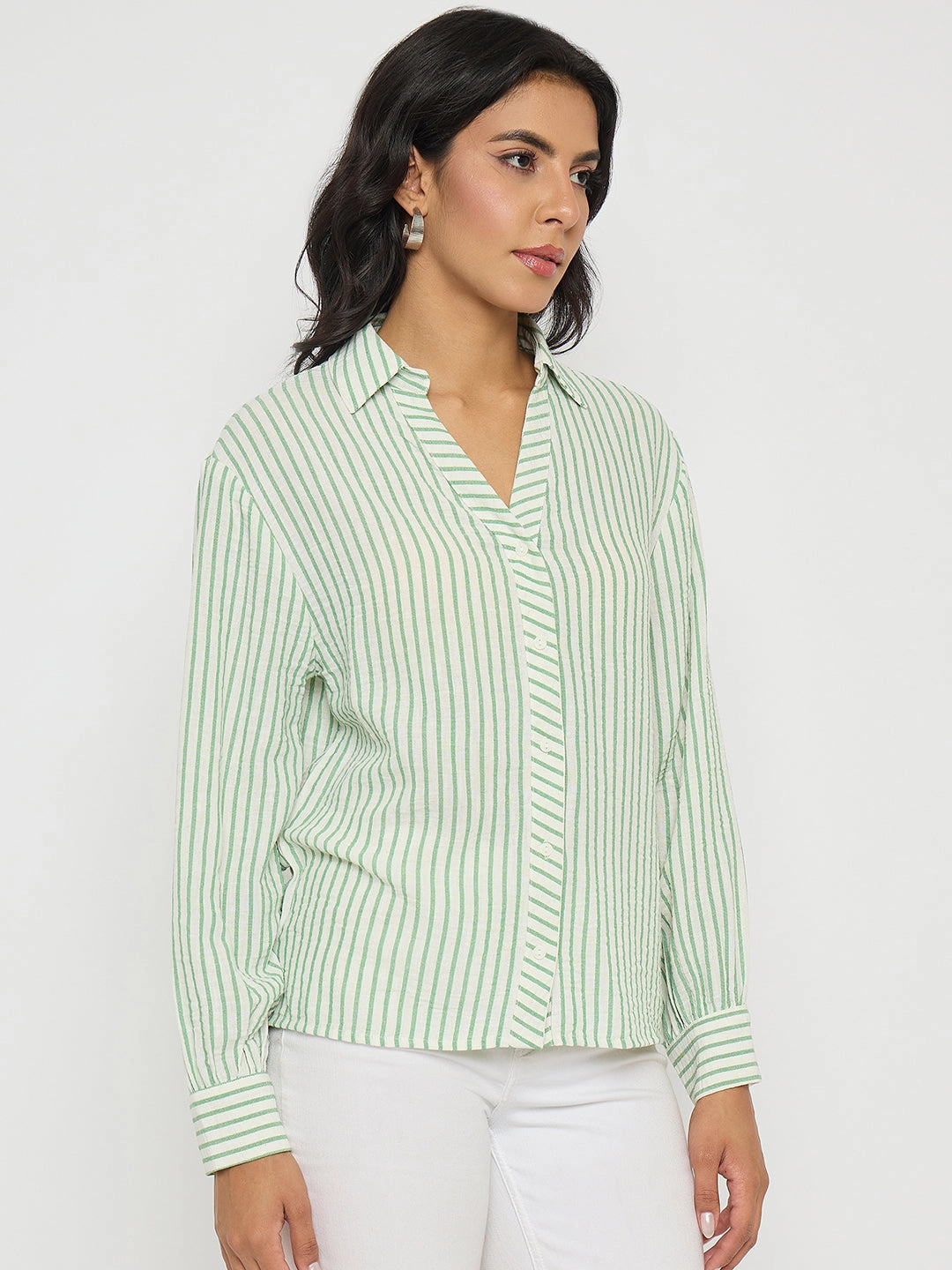 Multipurpose Layering Fabric Layering Piece Madame Textured Green Striped Shirt