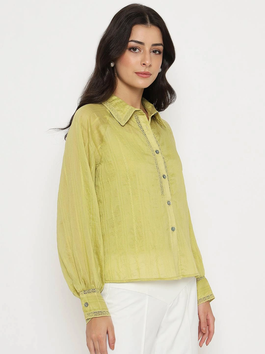 Madame Textured Nylon Blend Cyber Lime Full Sleeve Shirt crew neck Job Interview