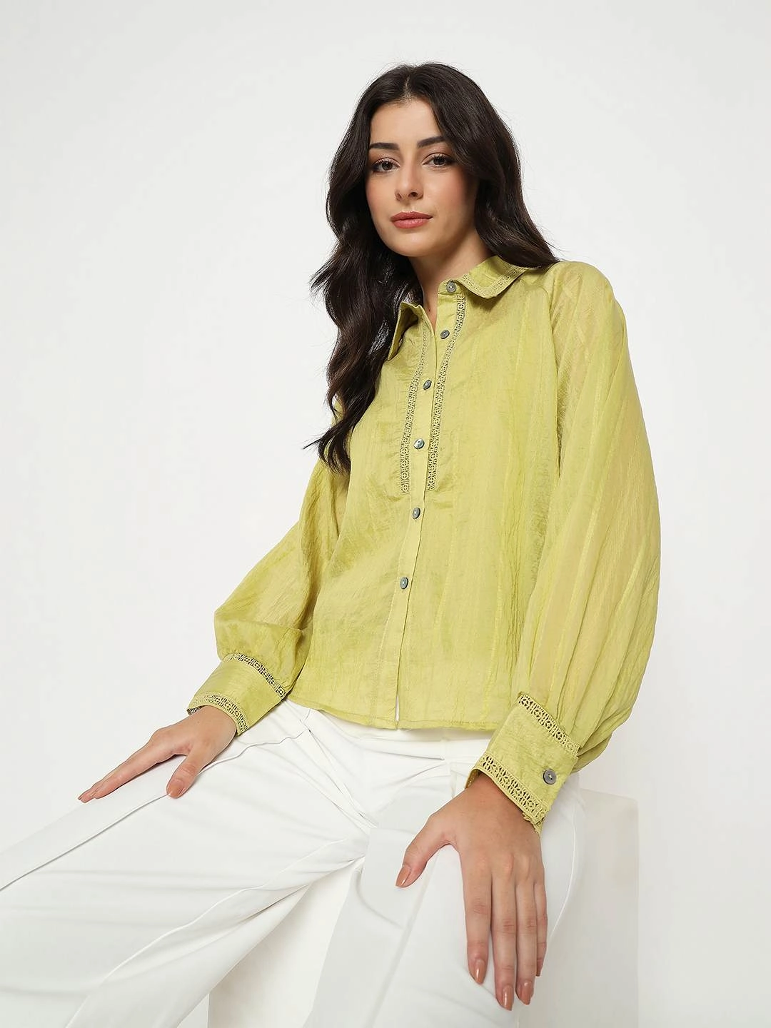 Perfect Layer quick dry Madame Textured Nylon Blend Cyber Lime Full Sleeve Shirt