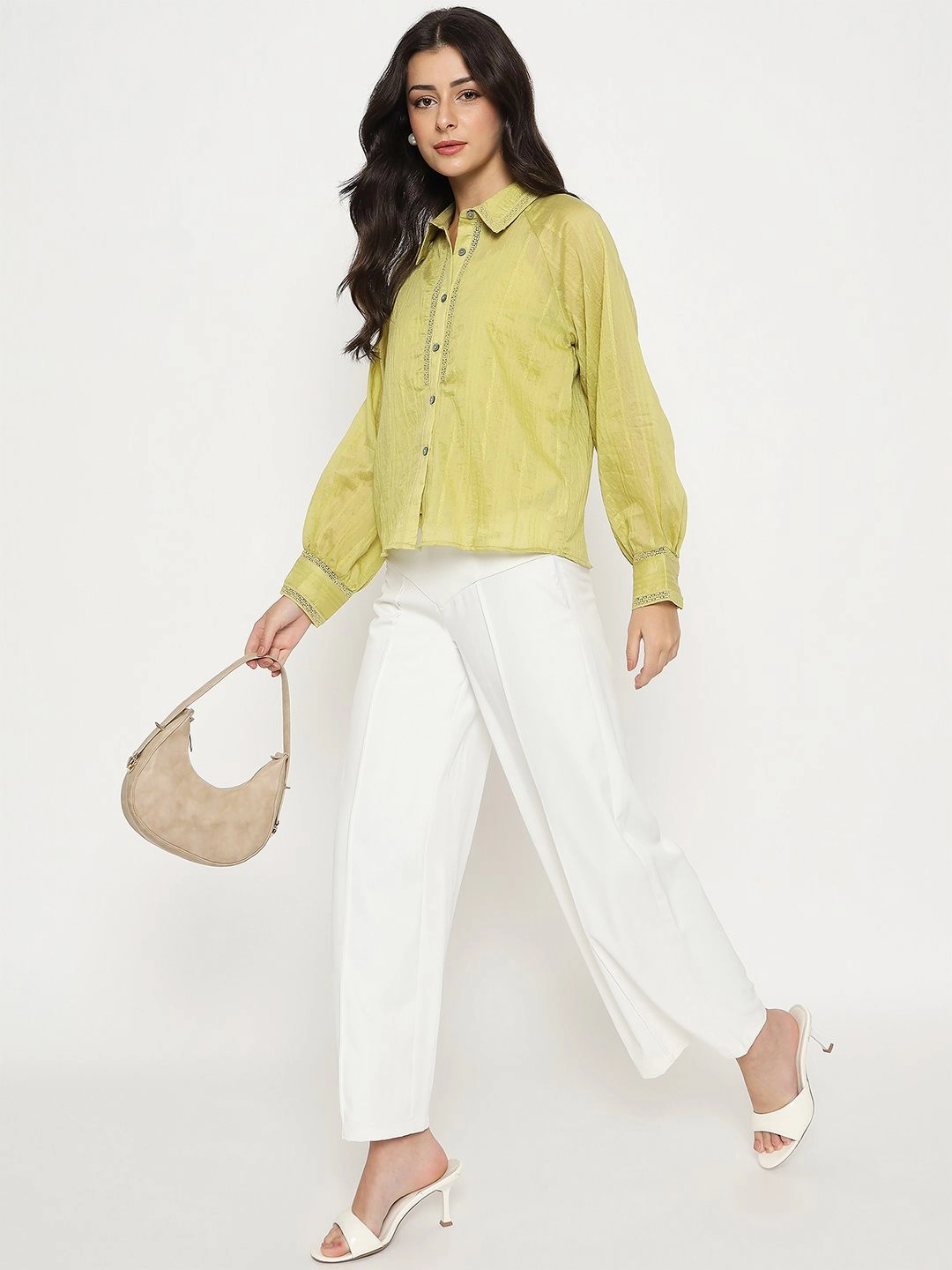 Teen Fashion Year-Round Wear Madame Textured Nylon Blend Cyber Lime Full Sleeve Shirt