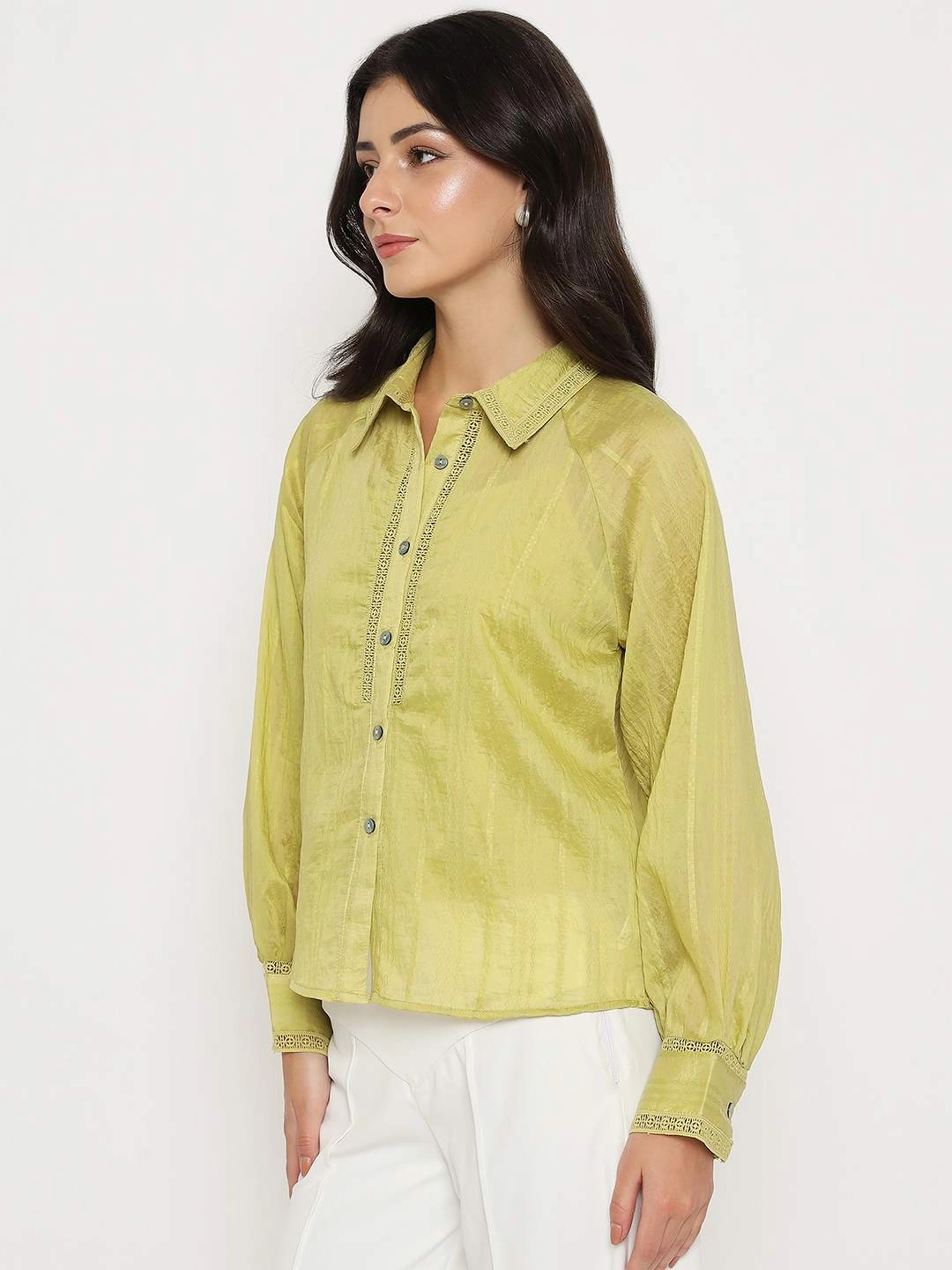 Smooth zipper closure Madame Textured Nylon Blend Cyber Lime Full Sleeve Shirt
